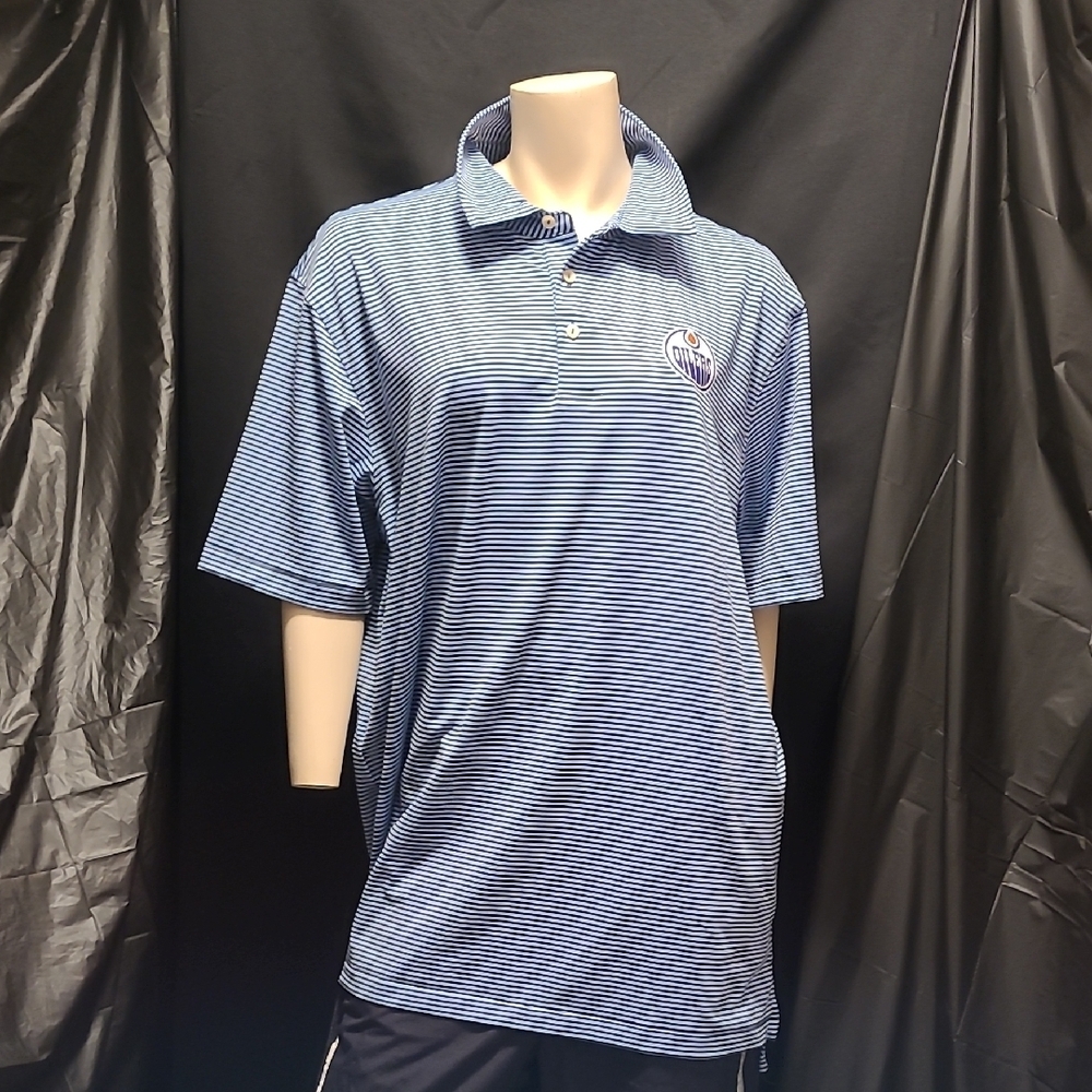 02' PETER MILLAR EDMONTON OILERS POLO GOLF SHIRT Blue Striped Men's SIZE XL